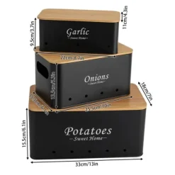 Potatis, Lök & Vitlök Förvaring - Förvaringsburkar - Set om 3 - Kolstål - Bambulock - Rektangulär - Svart