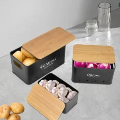 Potatis, Lök & Vitlök Förvaring - Förvaringsburkar - Set om 3 - Kolstål - Bambulock - Rektangulär - Svart
