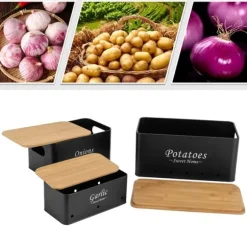 Potatis, Lök & Vitlök Förvaring - Förvaringsburkar - Set om 3 - Kolstål - Bambulock - Rektangulär - Svart