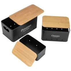 Potatis, Lök & Vitlök Förvaring - Förvaringsburkar - Set om 3 - Kolstål - Bambulock - Rektangulär - Svart