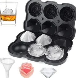 Premium Silikon Isform – 3 Rosor & 3 Diamanter | Lättlossande Stora Iskuber för Whisky & Cocktails & Juice