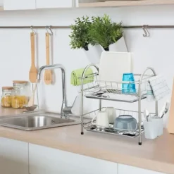 Relaxdays Diskställ för disk, 2 nivåer, brickor, rostfritt stål och plast, HLP: 39,5 x 60 x 28 cm, silverfärgad