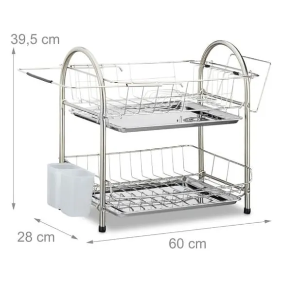 Relaxdays Diskställ för disk, 2 nivåer, brickor, rostfritt stål och plast, HLP: 39,5 x 60 x 28 cm, silverfärgad