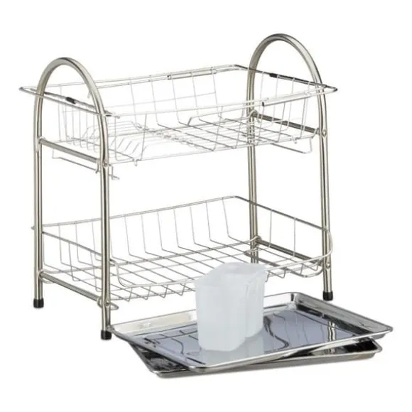 Relaxdays Diskställ för disk, 2 nivåer, brickor, rostfritt stål och plast, HLP: 39,5 x 60 x 28 cm, silverfärgad