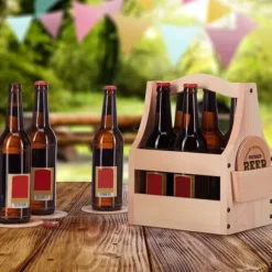 Relaxdays Flaska i trä, med flasköppnare, 6 flaskor, låda, present till fars dag, natur