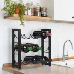 Relaxdays Flaskställ 9 fack, vinlagringshylla, metall, HxBxD: 37x35x17 cm, kök & bar, svart