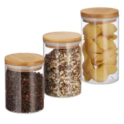Relaxdays Glasförvaringslådor, set om 3, storlekar 500, 700, 1000 ml, pasta, ris, flingor, kaffe, D 9,5 cm, bambu