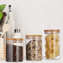 Relaxdays Glasförvaringslådor, set om 3, storlekar 500, 700, 1000 ml, pasta, ris, flingor, kaffe, D 9,5 cm, bambu