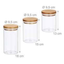 Relaxdays Glasförvaringslådor, set om 3, storlekar 500, 700, 1000 ml, pasta, ris, flingor, kaffe, D 9,5 cm, bambu