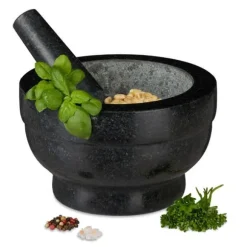 Relaxdays Mortel i granit med pistill, robust, för kryddor, örter, mortel i polerad sten, 5,6 kg, cm, 1l, svart
