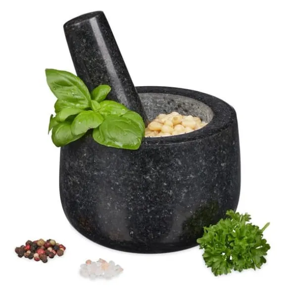 Relaxdays Mortel i granit med stötte, robust, för kryddor, örter, mortel i polerad sten, d. 12 cm, 300 ml, grå