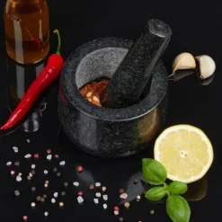 Relaxdays Mortel i granit med stötte, robust, för kryddor, örter, mortel i polerad sten, d. 12 cm, 300 ml, grå