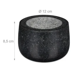 Relaxdays Mortel i granit med stötte, robust, för kryddor, örter, mortel i polerad sten, d. 12 cm, 300 ml, grå