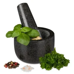 Relaxdays Mortel i granit med stöt, robust, för kryddor, örter, mortel i polerad sten, d. 8,5 cm, 400 ml, grå