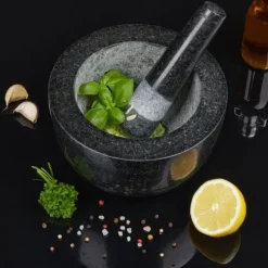 Relaxdays Mortel och stöt, i granit, polerad, lång livslängd, kryddor och örter, 750 ml volym, stenhackare D 20 cm, grå