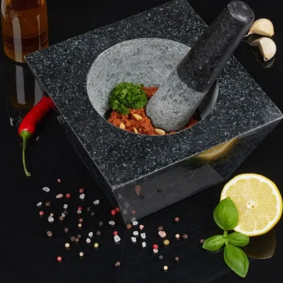 Relaxdays Mortel och Stöt, XXL, granit, kryddor och örter, 750 ml, 6,75 kg, stenmortel 12x19,5x19,5 cm, svart