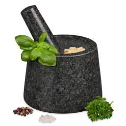 Relaxdays Mortel och stöt, i granit, polerad, lång livslängd, för kryddor och örter, stengrynare D 13,5 cm mörkgrå