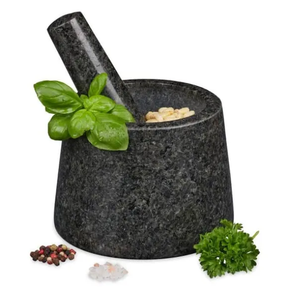 Relaxdays Mortel och stöt, i granit, polerad, lång livslängd, för kryddor och örter, stengrynare D 13,5 cm mörkgrå