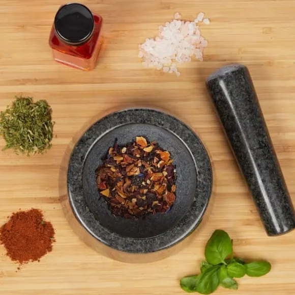 Relaxdays Mortel och stöt, i granit, polerad, lång livslängd, för kryddor och örter, stengrynare D 13,5 cm mörkgrå