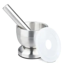 Relaxdays Mortel, rostfritt stål, med lock, kryddor, örter, halkfri kross, Ø 10 cm, 200 ml, grå