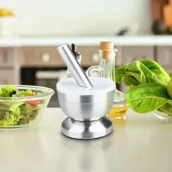 Relaxdays Mortel, rostfritt stål, med lock, kryddor, örter, halkfri kross, Ø 10 cm, 200 ml, grå