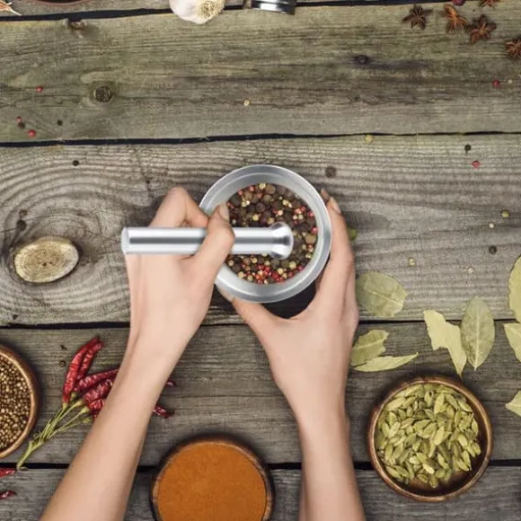 Relaxdays Mortel, rostfritt stål, med lock, kryddor, örter, halkfri kross, Ø 10 cm, 200 ml, grå