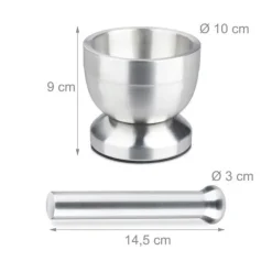 Relaxdays Mortel, rostfritt stål, med lock, kryddor, örter, halkfri kross, Ø 10 cm, 200 ml, grå