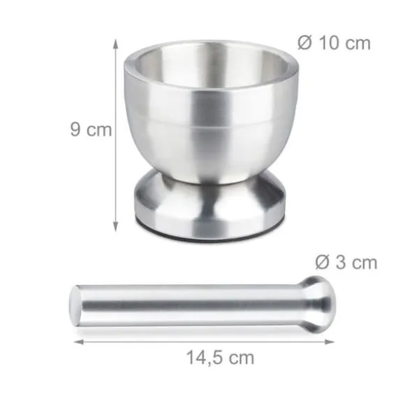 Relaxdays Mortel, rostfritt stål, med lock, kryddor, örter, halkfri kross, Ø 10 cm, 200 ml, grå