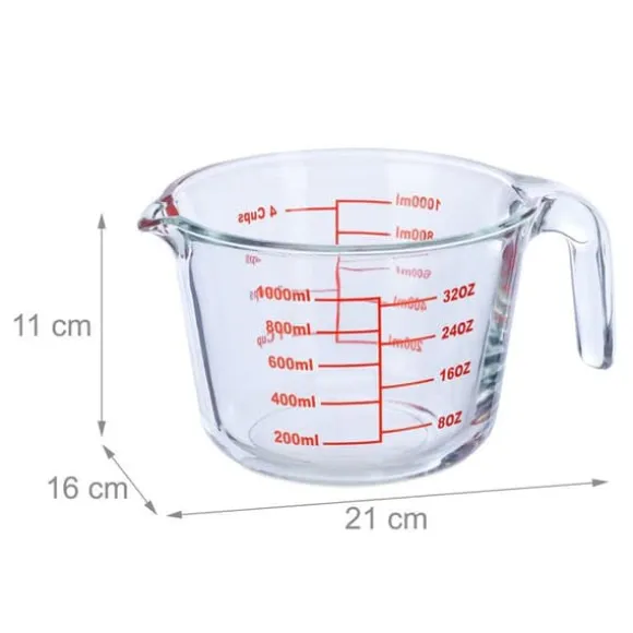 Relaxdays mätglas, 1 liter, värmebeständig, mikrovågssäker, graderad ml, oz, amerikanska koppar, transparent