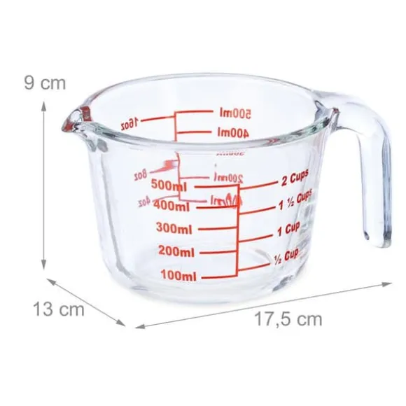 Relaxdays Mätglas, 500 ml, värmebeständig, för mikrovågsugn, graderad ml, oz, amerikanska koppar, transparent