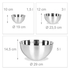 Relaxdays Set 3 Blandskålar i rostfritt stål, Kök Salladsskål, Skål i olika storlekar stapelbar, silverfärgad