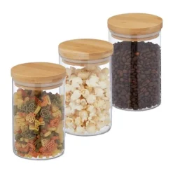 Relaxdays Set med 3 glasburkar, bambulock, rund förvaringsburk, 800 ml, hermetisk, transparent/naturlig
