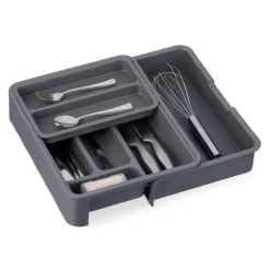 Relaxdays Utdragbar besticklåda, H x L x P: 6,5 x 23,5-40 x 31,5 cm, 7 fack, i plast, mörkgrå