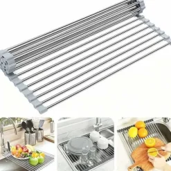 Rengöringsställ för disk RollUp, 100 % BPA-fri, fällbar, perfekt för frukt, grönsaker, tallrikar, rostfritt stål täckt med silikon.
