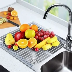 Rengöringsställ för disk RollUp, 100 % BPA-fri, fällbar, perfekt för frukt, grönsaker, tallrikar, rostfritt stål täckt med silikon.