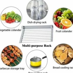 Rengöringsställ för disk RollUp, 100 % BPA-fri, fällbar, perfekt för frukt, grönsaker, tallrikar, rostfritt stål täckt med silikon.