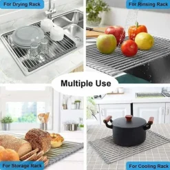 Rengöringsställ för disk RollUp, 100 % BPA-fri, fällbar, perfekt för frukt, grönsaker, tallrikar, rostfritt stål täckt med silikon.