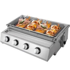 Rökfri gasolgrill, bordsmodell med 4 brännare i rostfritt stål, LPG/propangas, portabel för utomhus/camping, ljussilver
