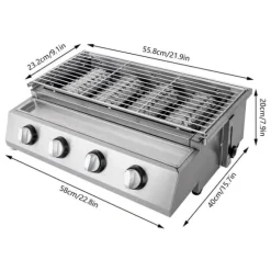 Rökfri gasolgrill, bordsmodell med 4 brännare i rostfritt stål, LPG/propangas, portabel för utomhus/camping, ljussilver