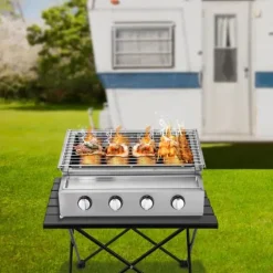 Rökfri gasolgrill, bordsmodell med 4 brännare i rostfritt stål, LPG/propangas, portabel för utomhus/camping, ljussilver