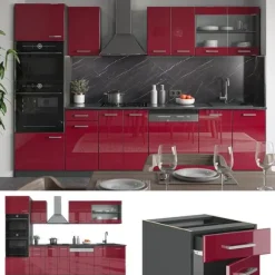 R-Line kök, 300 cm med högskåp, PT Antracit, Bordeaux högglans/antracit, Vicco