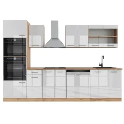 R-Line kök, 300 cm med högskåp, PT Ek, Blank vit/Gyllene ek, Vicco