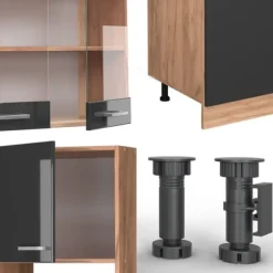 R-Line kök, 300 cm med högskåp, PT Ek, Blank antracit/Gyllene ek, Vicco