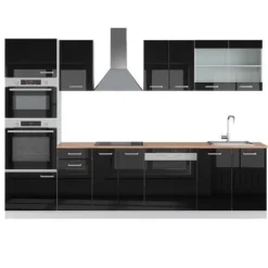 R-Line kök, 300 cm med högskåp, PT Ek, Blank svart/Vit, Vicco