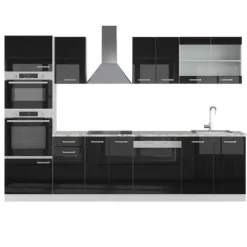 R-Line kök, 300 cm med högskåp, utan bänkskiva, Blank svart/Vit, Vicco