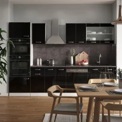 R-Line kök, 300 cm med högskåp, utan bänkskiva, Blank svart/Vit, Vicco