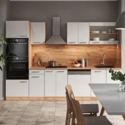 R-Line kök, 300 cm med högskåp, utan bänkskiva, Blank vit/Gyllene ek, Vicco