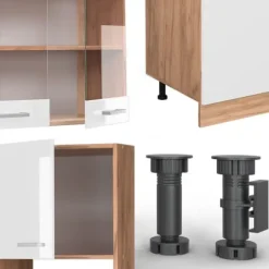 R-Line kök, 300 cm med högskåp, utan bänkskiva, Blank vit/Gyllene ek, Vicco