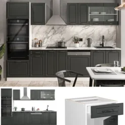 R-Line kök, 300 cm med högskåp, utan bänkskiva, Lanthus antracit/vit, Vicco