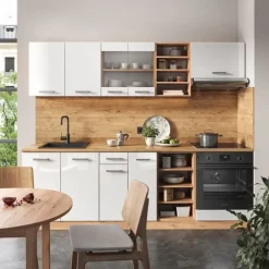 R-Line kök, 240 cm, PT Marmor, Blank vit/Gyllene ek, Vicco